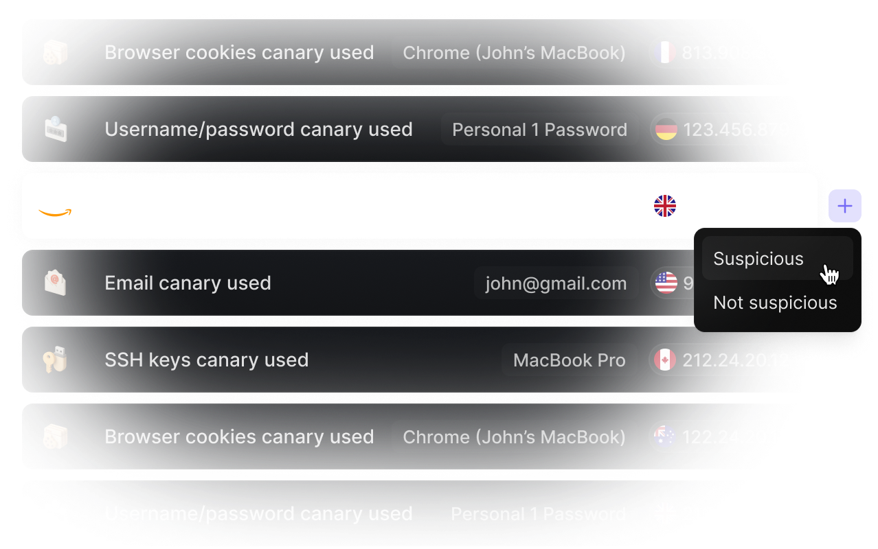 An illustration of the Tracebit Community Edition dashboard. A list of canary credential alerts is shown, one of which is being classified as suspicious.
